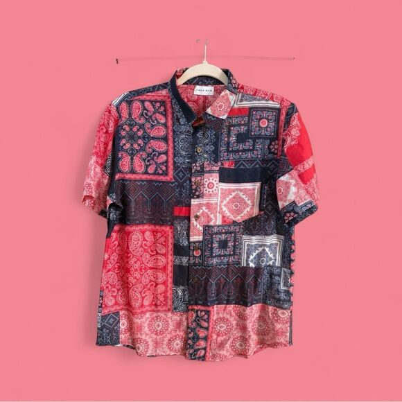 Raga Man Bandana Patchwork Button Down Shirt Red Navy White Medium - Picture 7 of 11